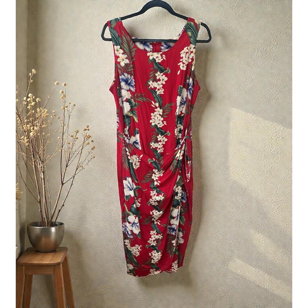 Vintage Iolani Classics Red Floral Hawaiian Maxi Dress XL Rayon Made in Hawaii